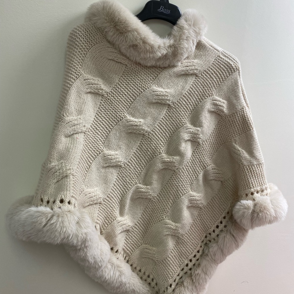 Nwot Cream Cable Knit Fur-Trim Poncho Sweater from macys